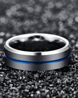 Anneau 8mm en carbure de tungstene aspect titane argent poli avec ligne bleu nuit au milieu