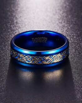 Anneau homme 8mm design tendance en carbure de tunsgtene avec motifs celtiques bleu et or collection azur