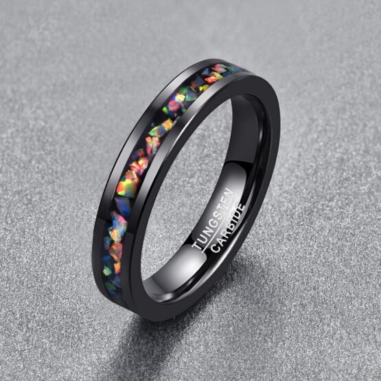 Bijoux anneau noir 4MM en carbure de tungstène avec éclats d'opale colorée à l'intérieur collection carbon