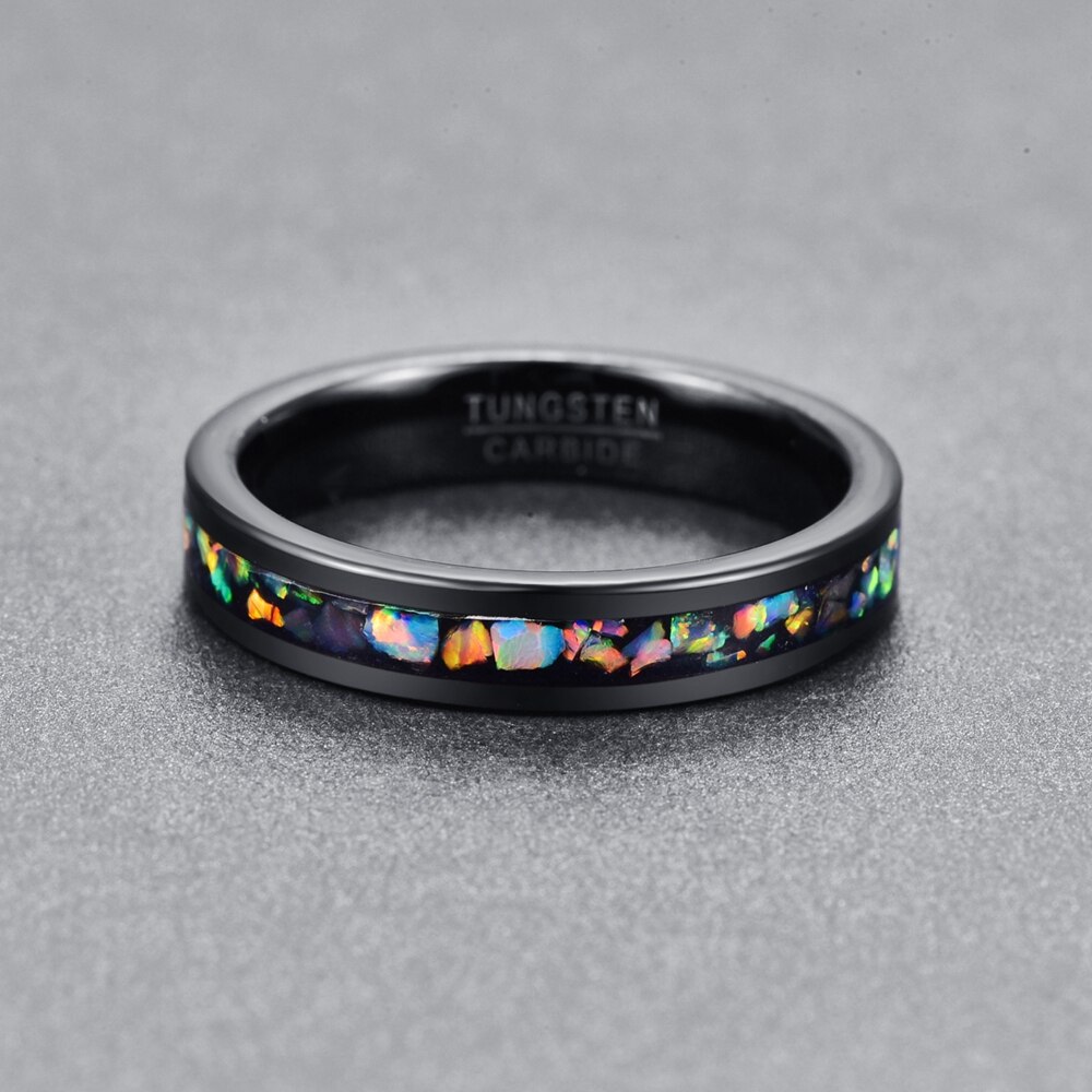 Bijoux anneau noir 4MM en carbure de tungstène avec éclats d'opale colorée à l'intérieur collection carbon