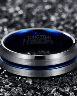 Anneau 8mm couleur argent titane et bleu en carbure de tungstene avec ligne bleu design classique