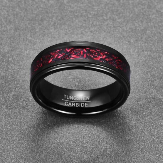 Anneau rouge et noir en carbure de tungstene avec symboles runiques gravés couleur carbone