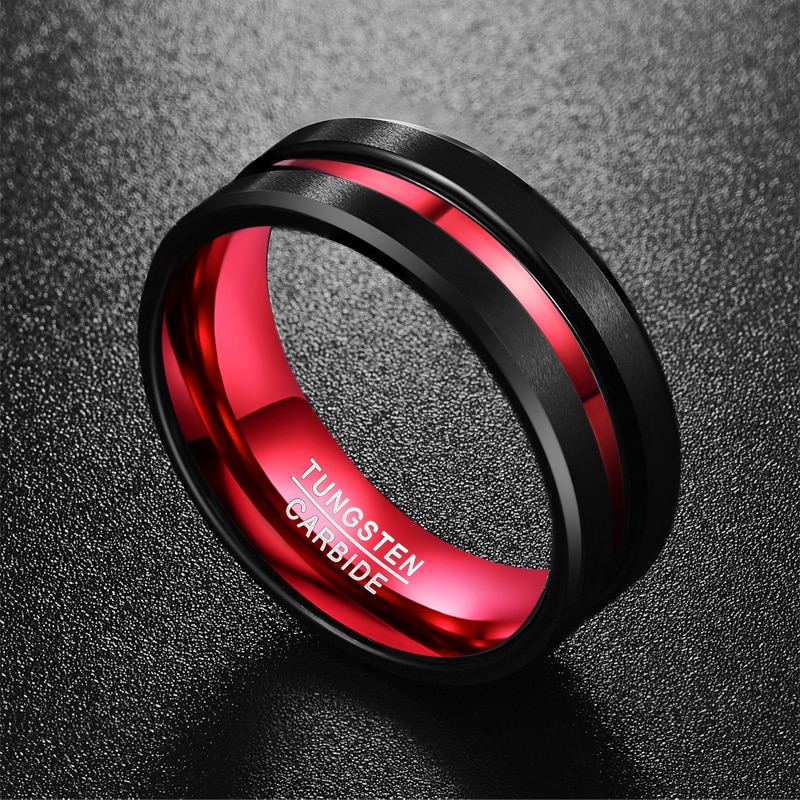 Anneau 8mm en carbure de tungstene couleur noire carbone et titane avec ligne rouge aspect poli