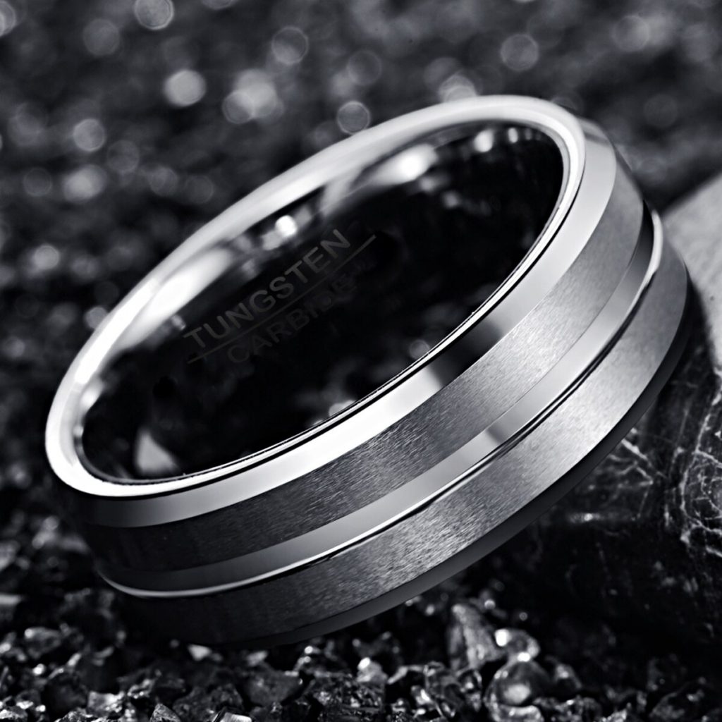 Bijoux anneau bague couleur argent titane en carbure de tungstène effet brossé et poli design original