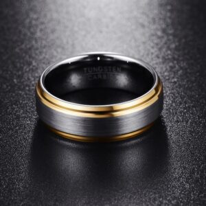Bijoux anneau bague homme effet carbone en carbure de tungstène style gris poli brossé, Face dorée