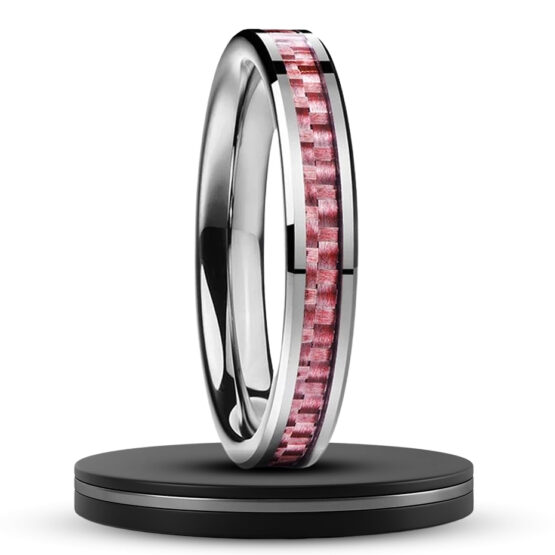 anneau bague design femme carbure de tungstène fibre de carbone rose