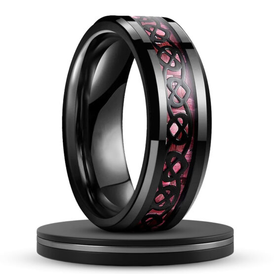 anneau bague design femme carbure de tungstène fibre de carbone rose et noir